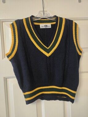 Preppy Navy Cable-Knit V-Neck Sweater Cropped Vest with Yellow & Green Trim